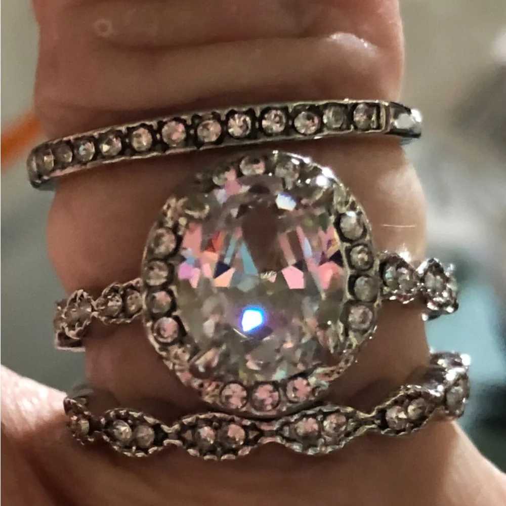 NWT Silver-Tone Clear Crystal Statement Ring Set